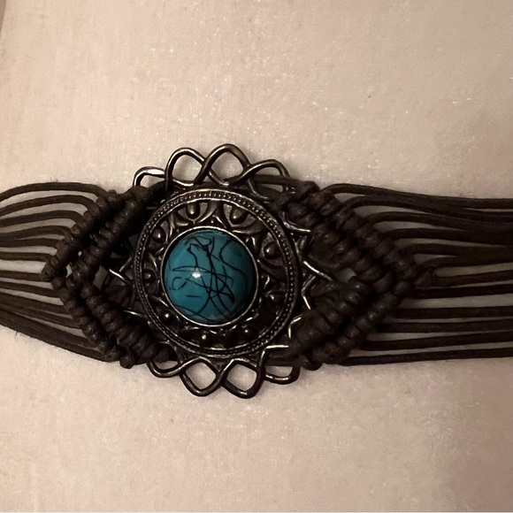 Boho Macrame belt dark brown with teal blue stones - Picture 3 of 3